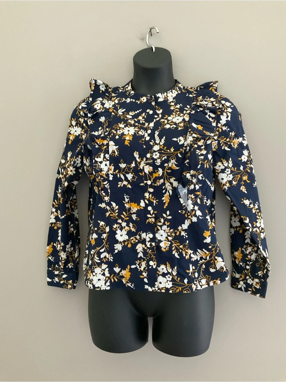 J. Crew, Navy Blue & Gold, Floral, Blouse